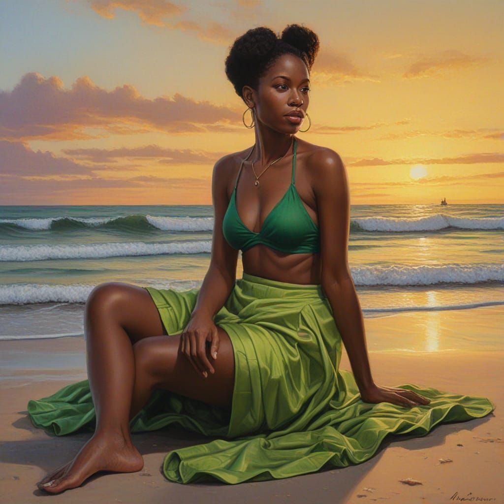Jamaican Woman on Beach at Sunset, Oil Painting