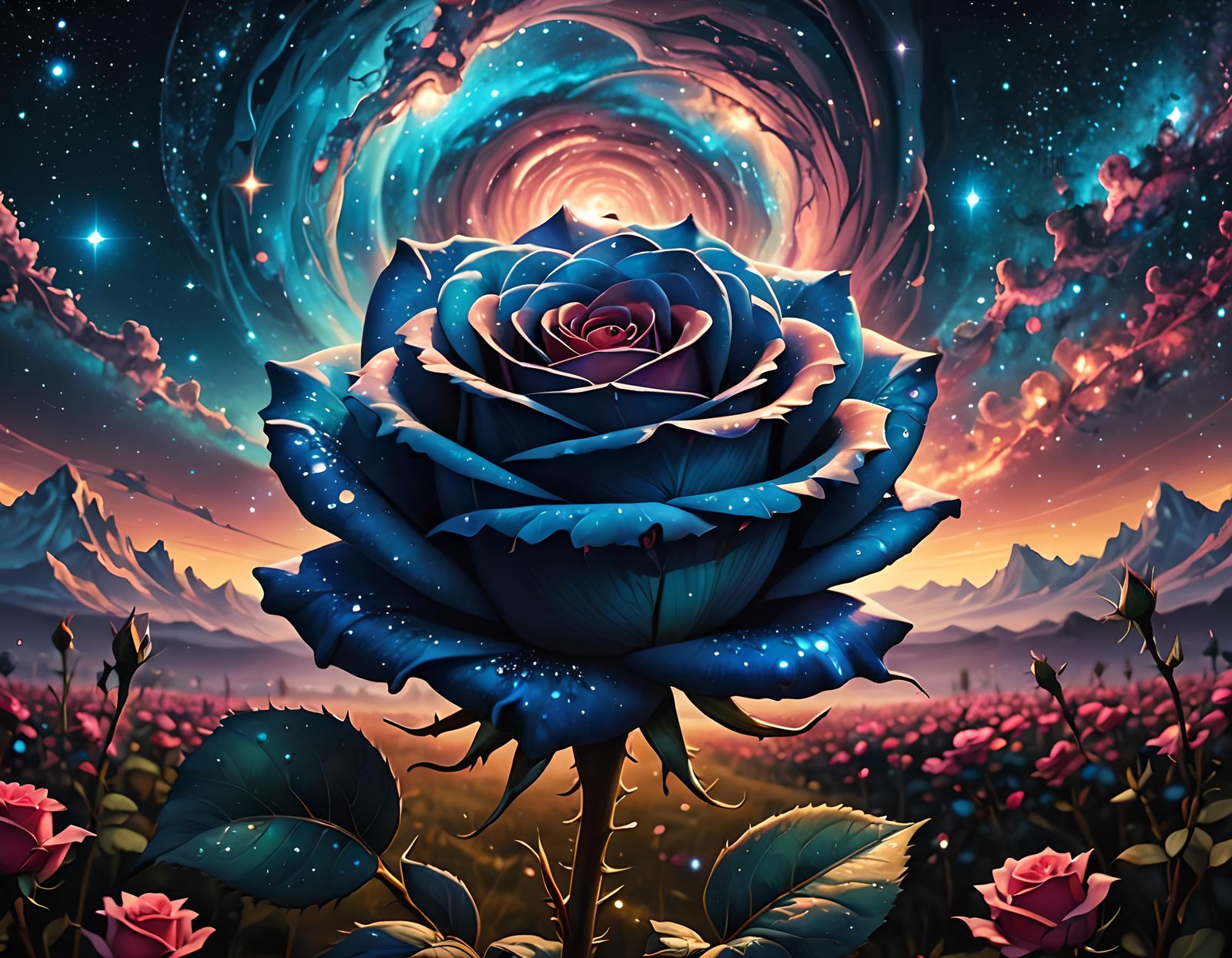 Galaxy Blue Rose: Surreal Digital Art