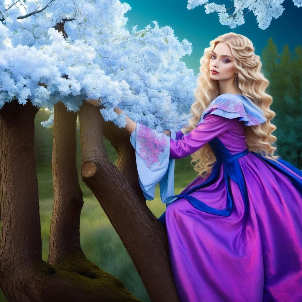 Blonde Girl in Blue Gown at Sunset: Photorealistic Aurora