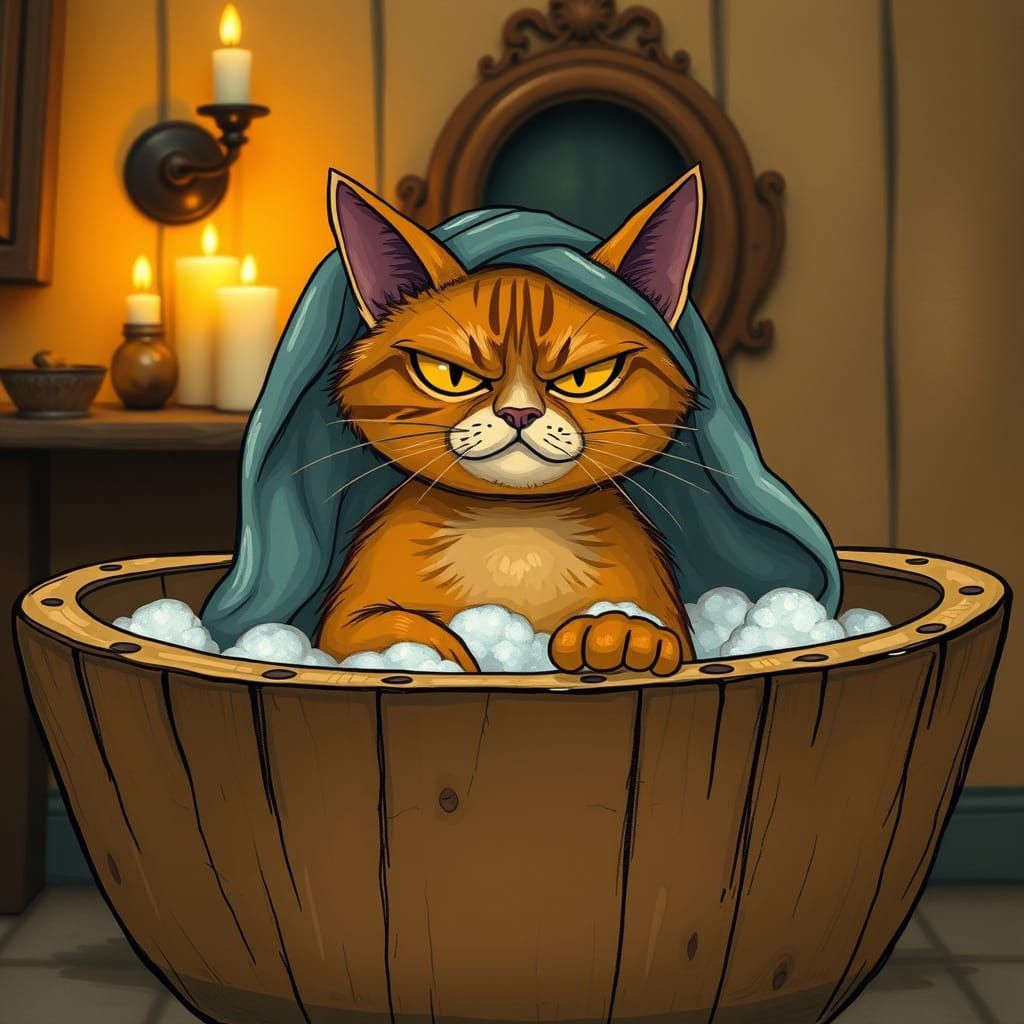 Grumpy Cat in Wooden Bathtub, Whimsical Digital Art