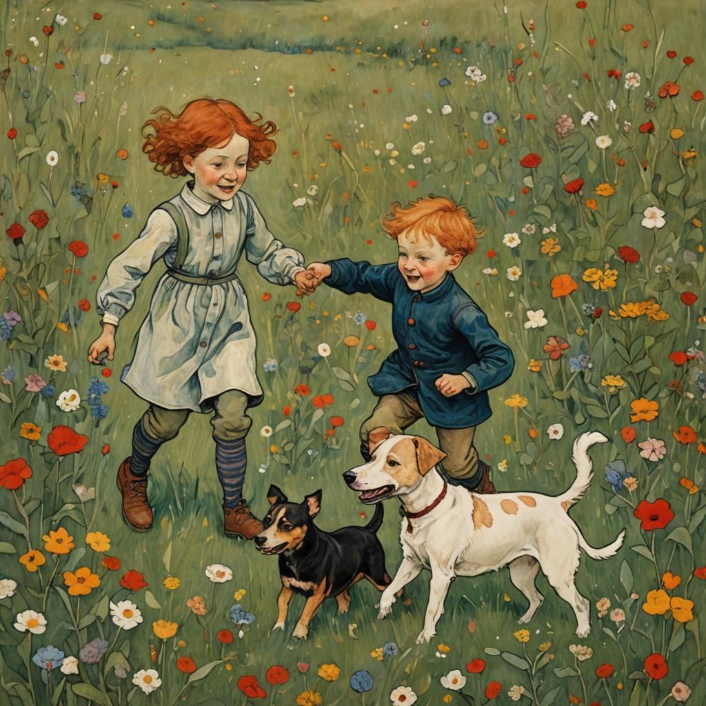 Siblings Play in Meadow: An Expressionist Scene