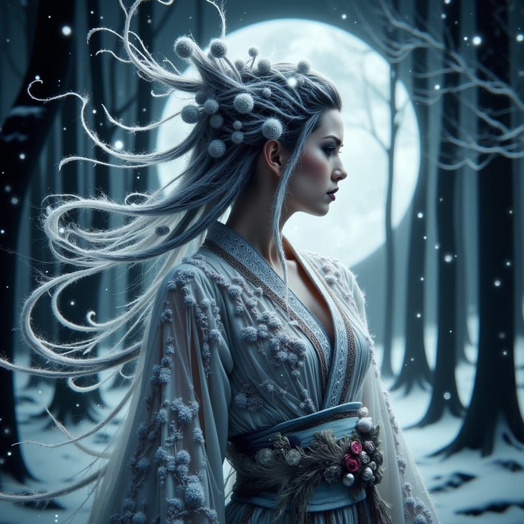 Ethereal Yokai Woman in Snowy Forest, Art Nouveau Style