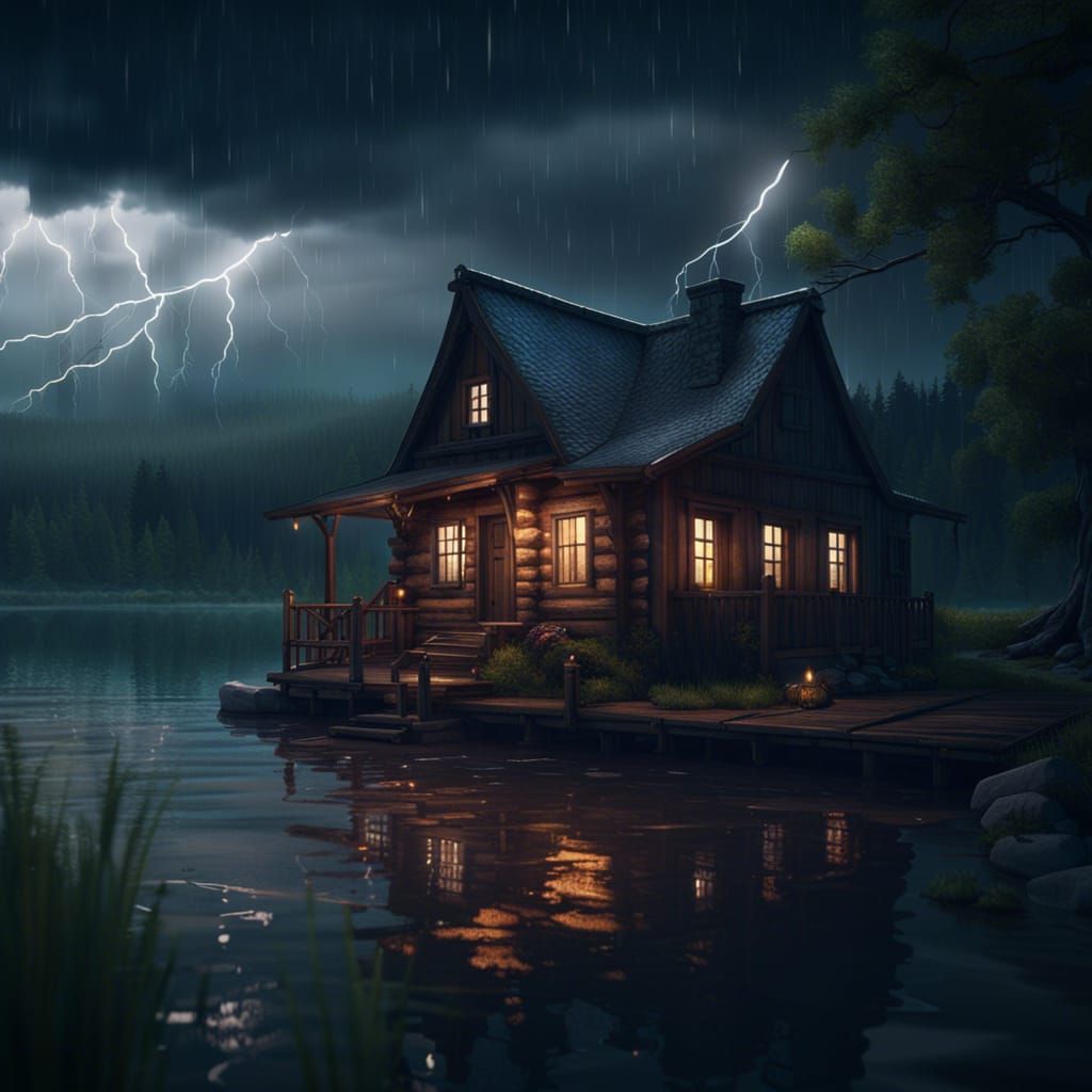 Cabin by Lake During Thunderstorm in Fantasy Art