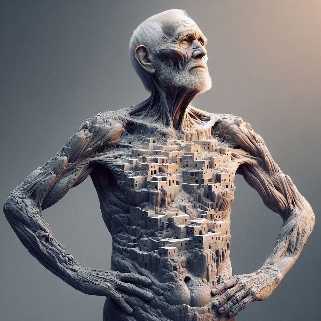 Rocky Townscape Emerges from Man's Torso