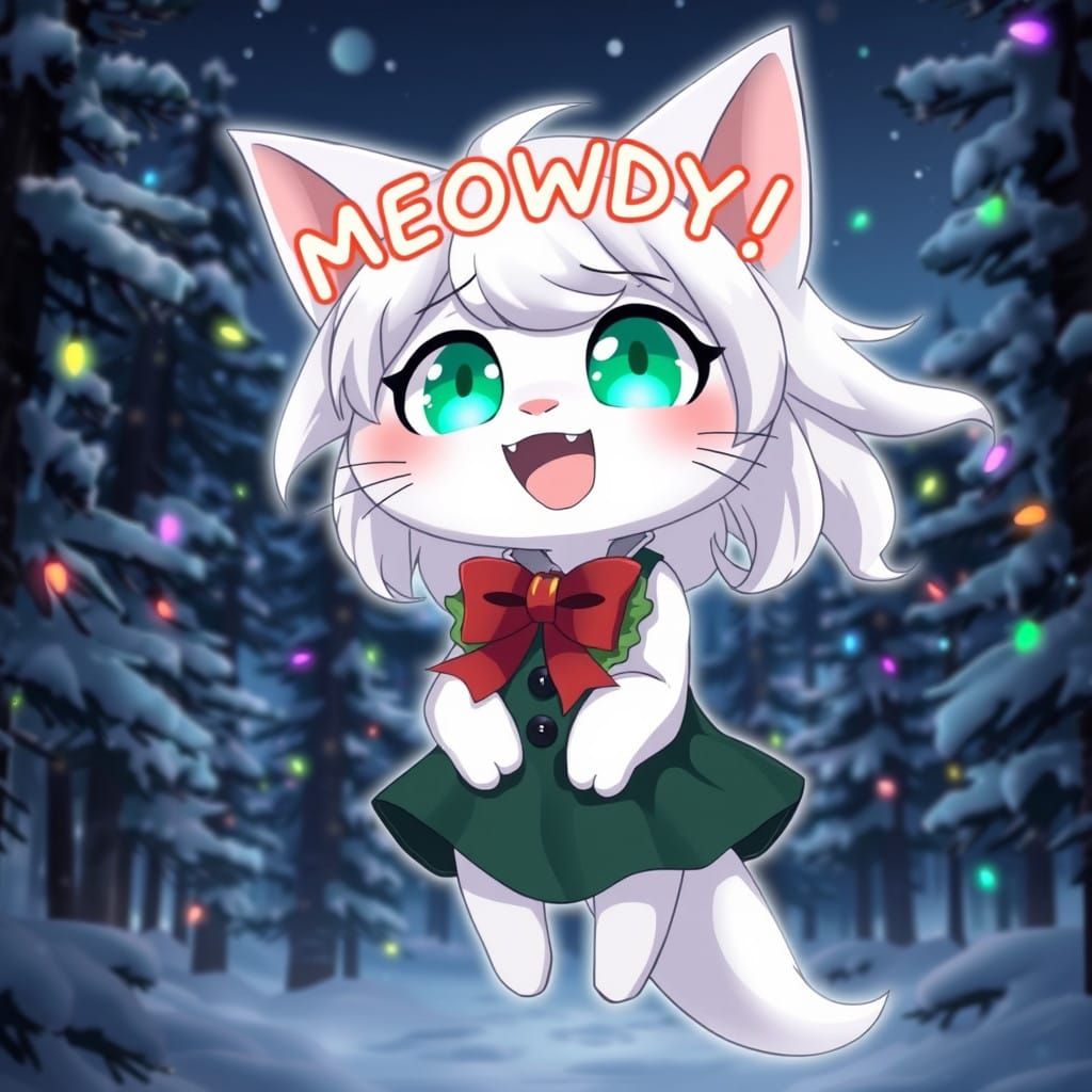 Whimsical Anime Catgirl Amidst Winter Wonderland