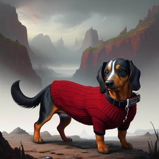 Wiener Dog in Red Sweater: Realistic Digital Painting