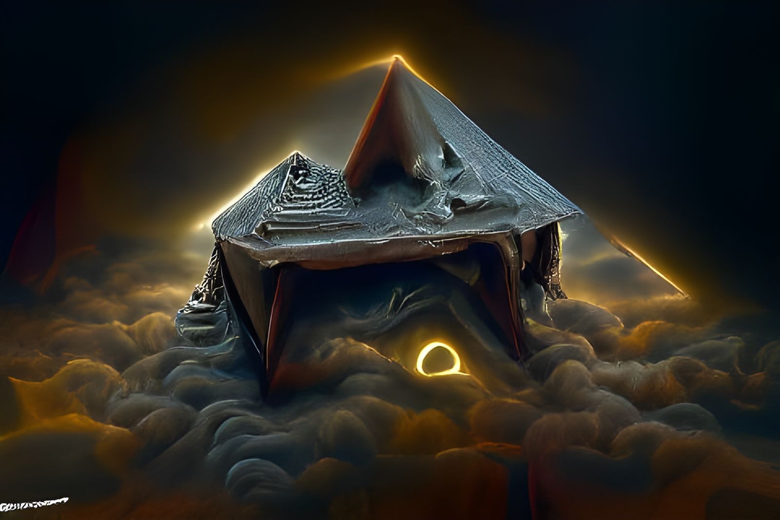Glowing Pyramid During Eclipse: Mixed Media Illustration