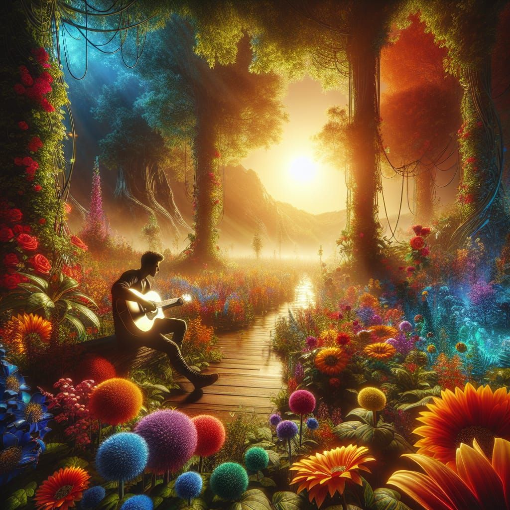 Hyperrealistic Guitarist in Vibrant Forest