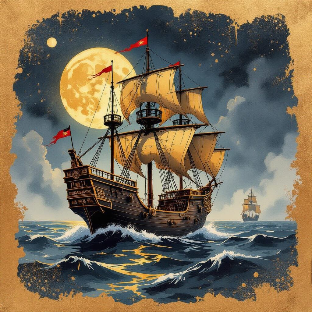 Antique Gold Ship at Sea in Sci-Fi Ink and Watercolor