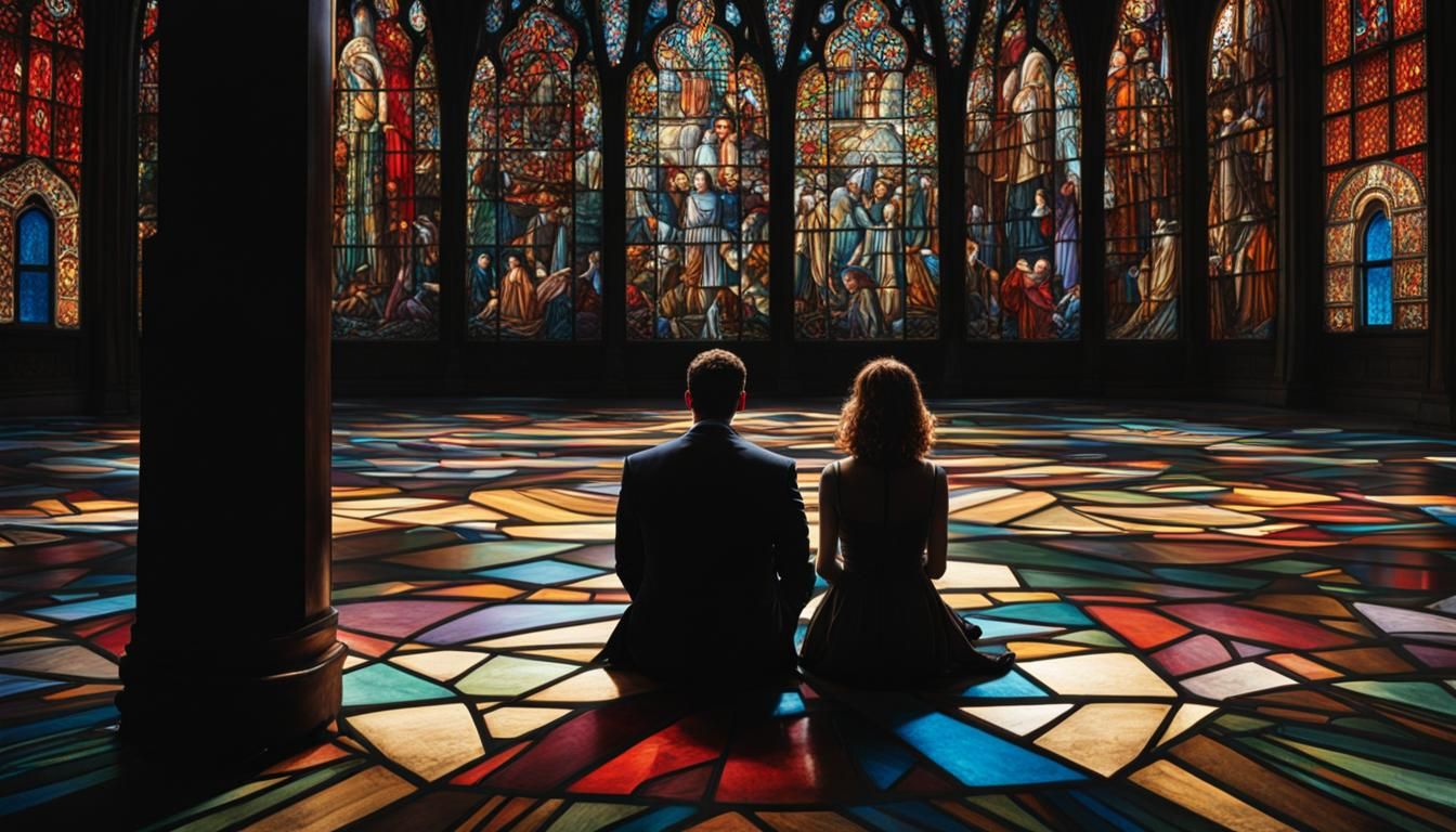 Man Leaves Crying Woman: Stained Glass Art