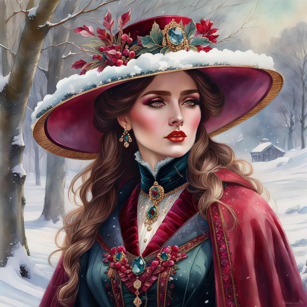 Victorian Lady in Winter Snow, Watercolour Painting
