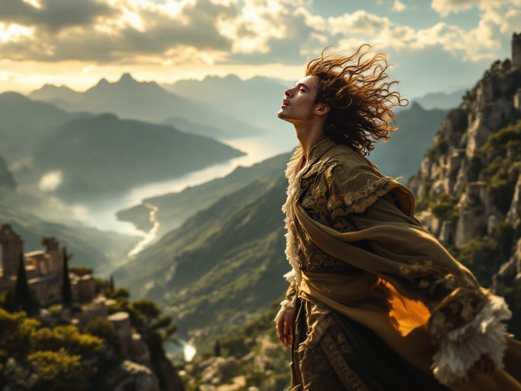 Elegant Opera Singer Hovers on Da Vinci's Flying Wing in Bar...