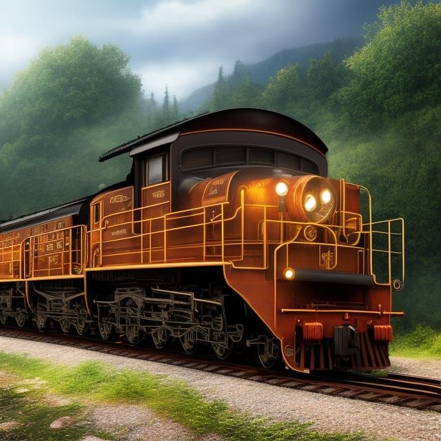 Steampunk Train on Mountain Pass in Art Nouveau Style