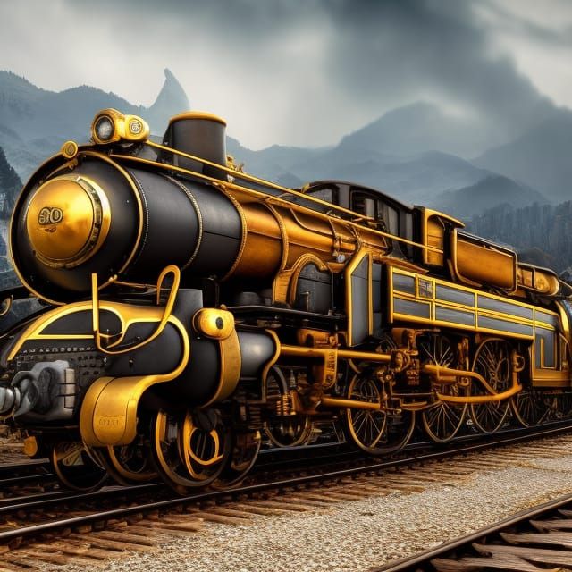 Steampunk Train on Mountain Pass in Art Nouveau Style