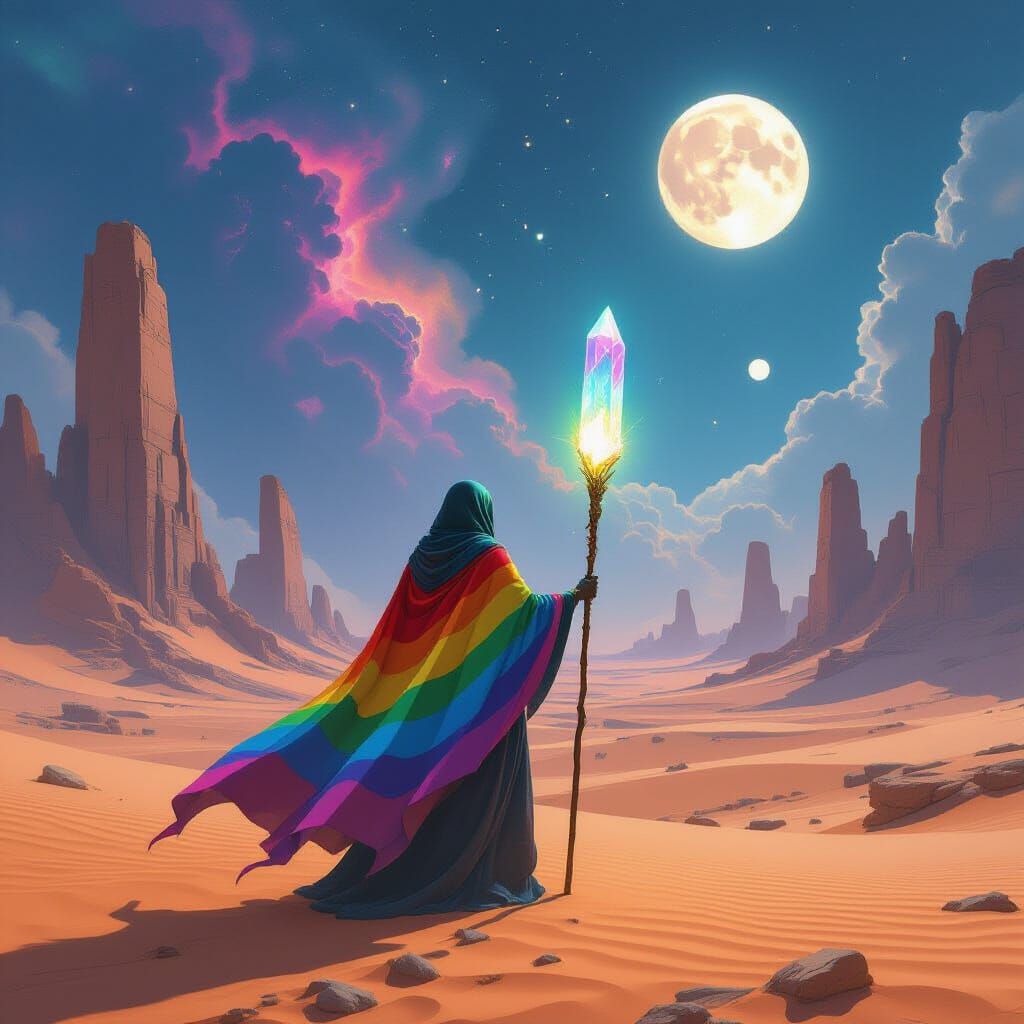 Alien Desert Wanderer with Glowing Staff and Ruins