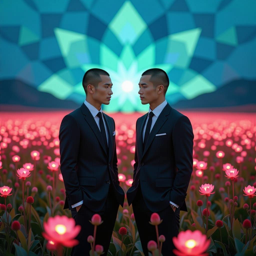 Bioluminescent Alien Flora with Figures in Pre-Raphaelite St...