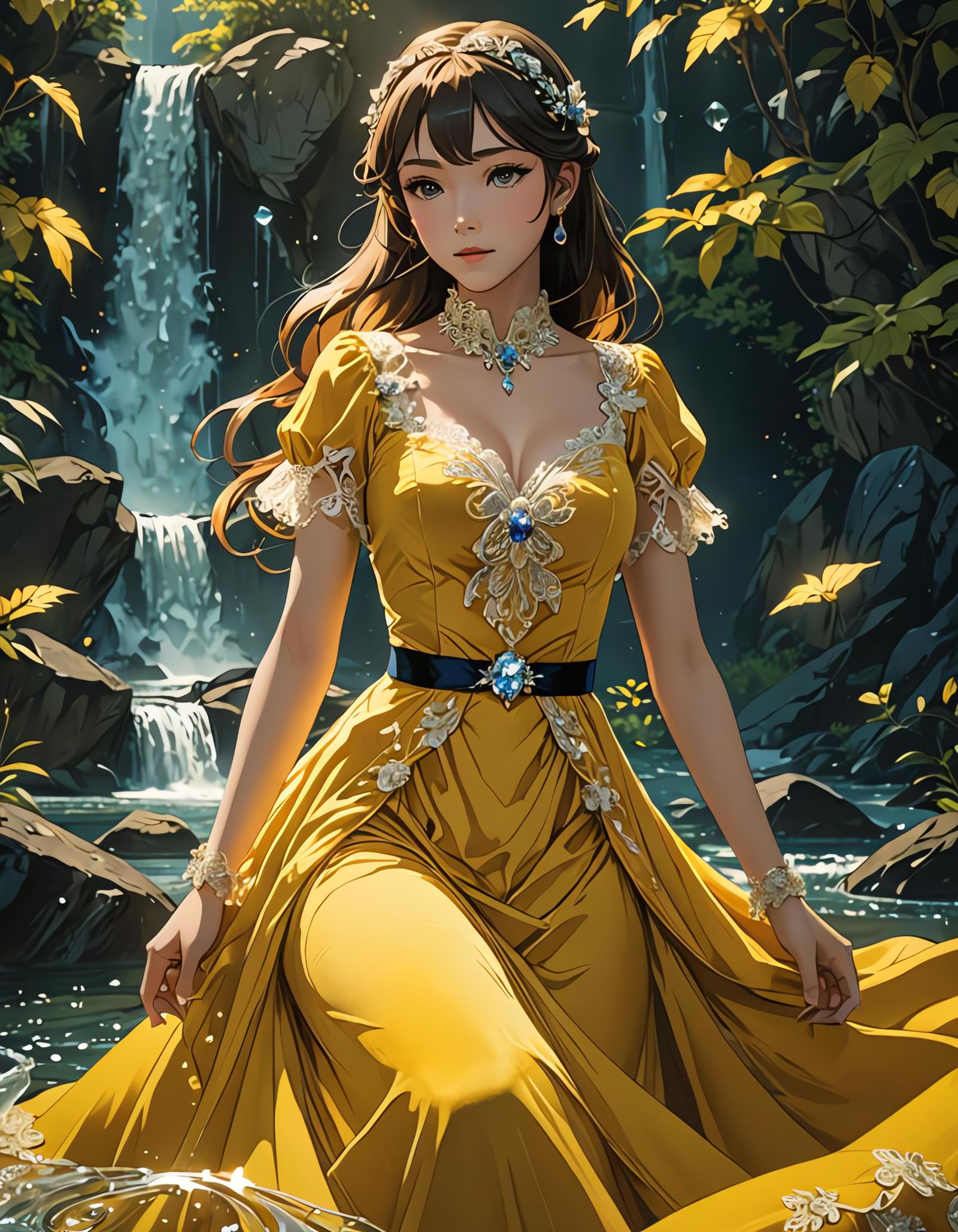 Yellow Velvet Dress in Anime Style