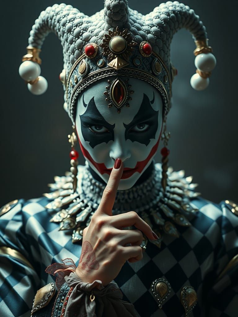 Intense Harlequin Woman Commands Silence in Hyperrealistic S...
