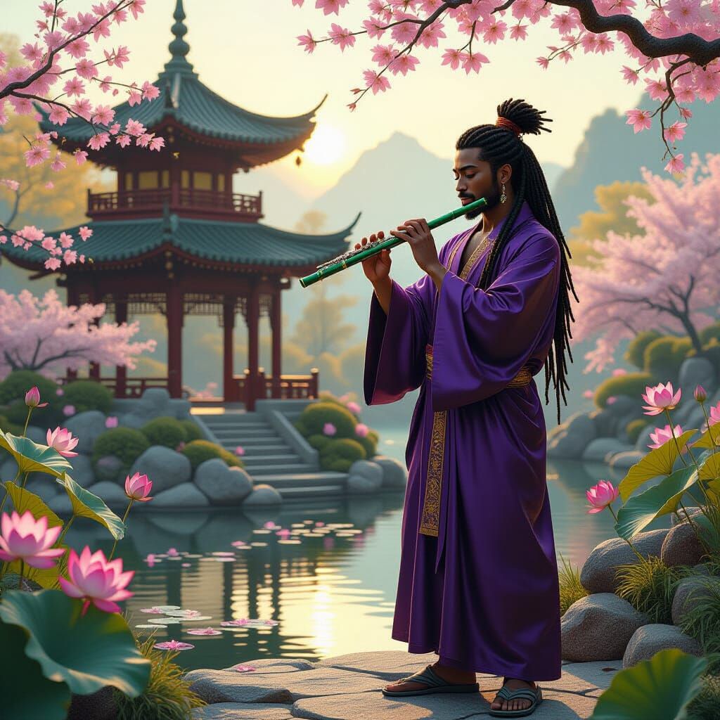 Man in Purple Robe Plays Emerald Flute by Pagoda
