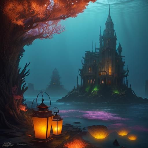 Underwater Ruins Lit by Lanterns: Digital Matte Painting