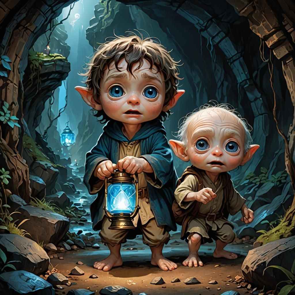 Kawaii Hobbits and Gollum in Ancient Caverns