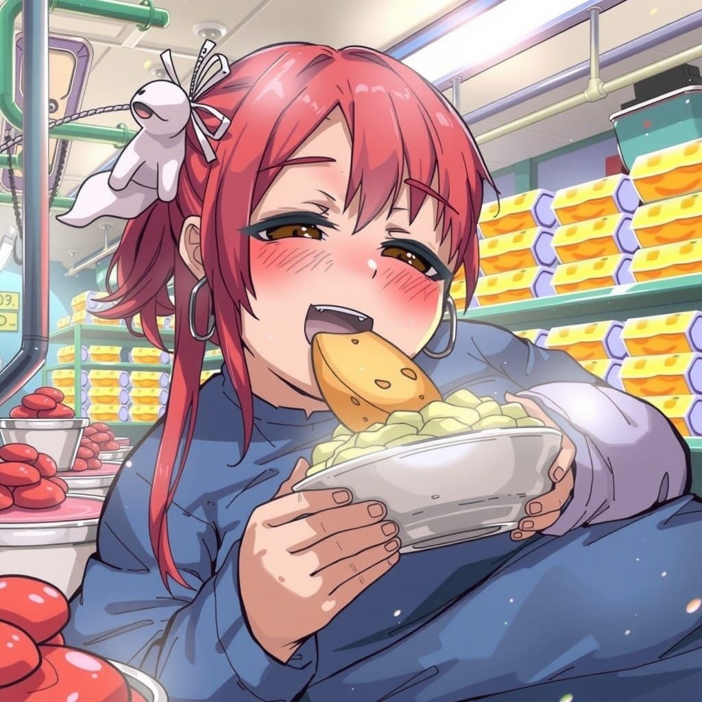 Obese Anime Girl Enjoys Jell-O Factory Feast