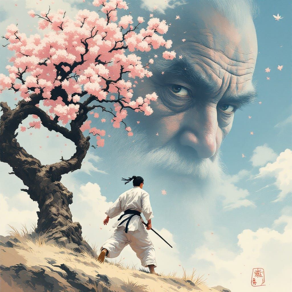Karateka Trains Under Cherry Blossom Tree in Traditional Jap...