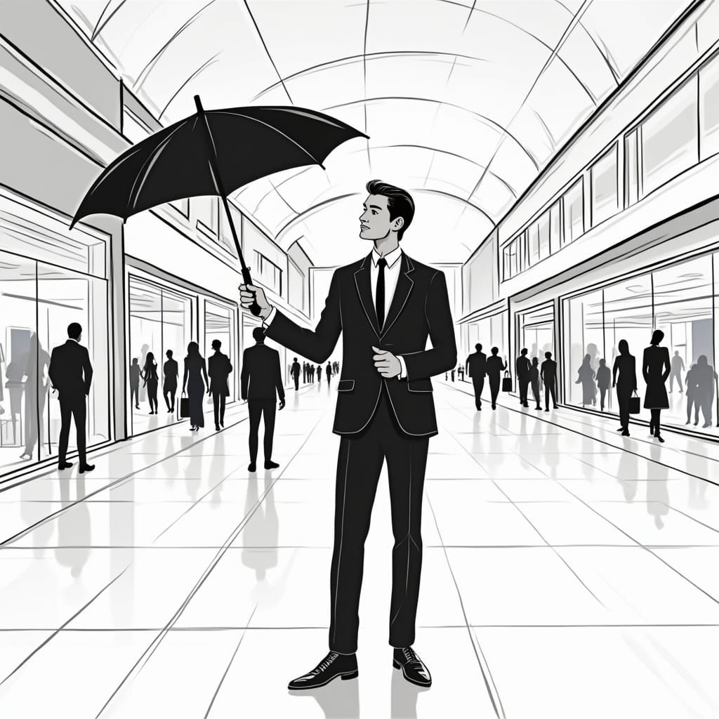 Gentleman Waiting Outside Mall in Elegant Black and White Cl...