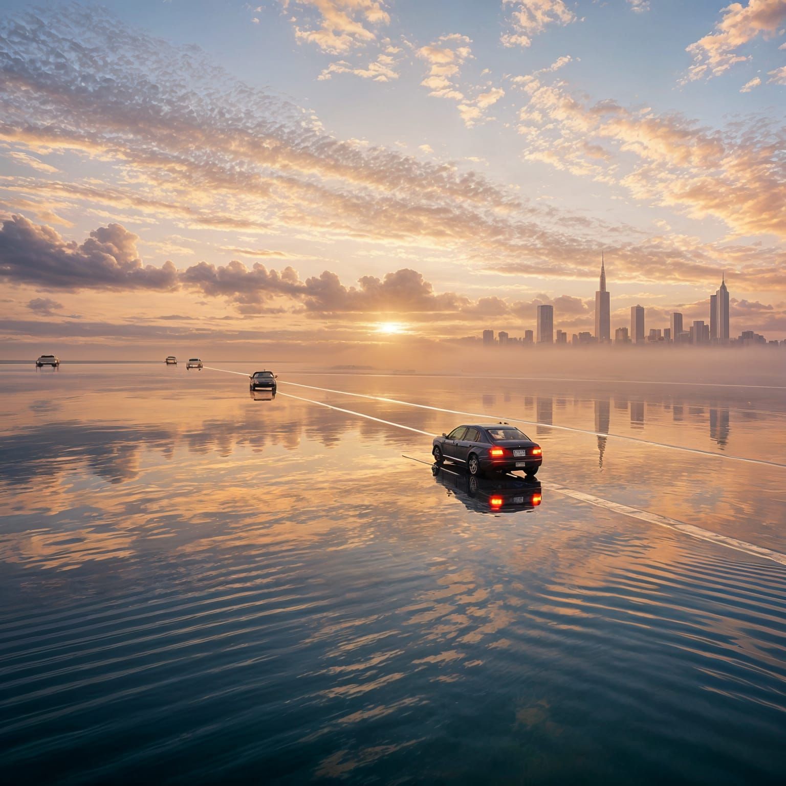 Cyberpunk Waterfront with Flying Cars and Boats