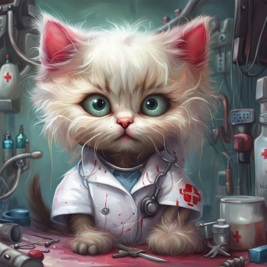 Anthropomorphic Kitten Nurse in Hospital, Detailed Digital A...