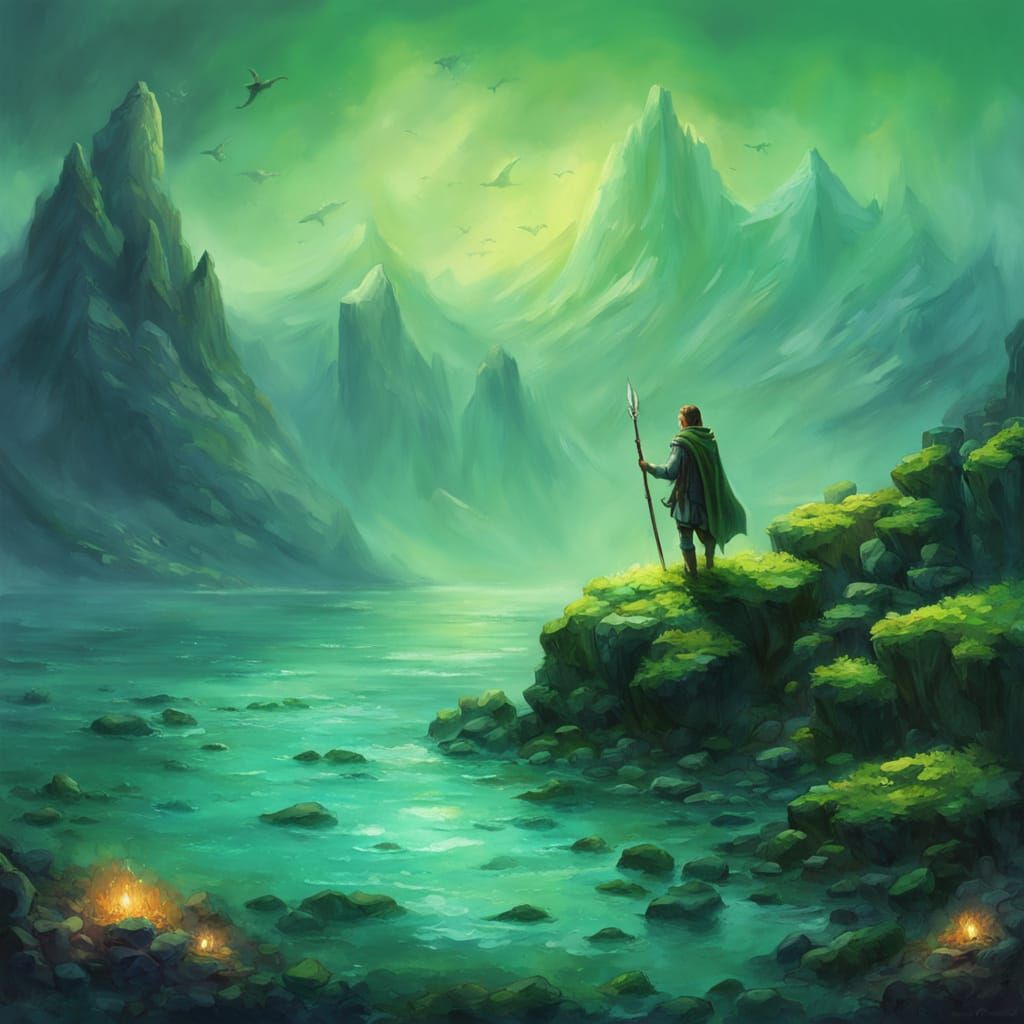 A elf in a green cloke stood on a mountain that over looked a glowing green sea with sea animal juming in and out of the...