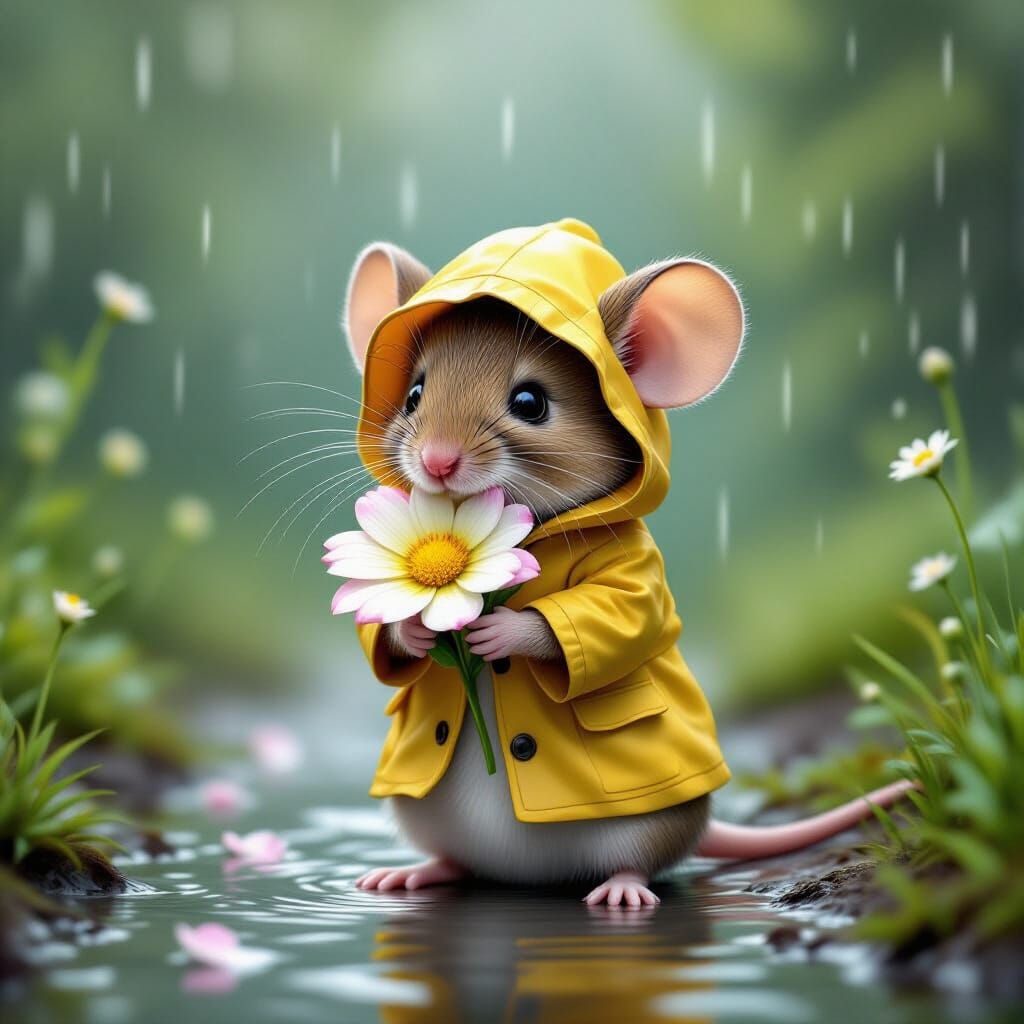 Adorable Mouse Hides Under Flower in Gentle Rain