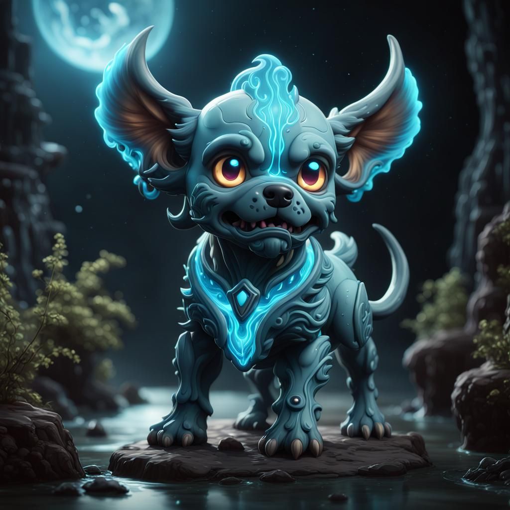 Bioluminescent Alien Cerberus in Porcelain Style