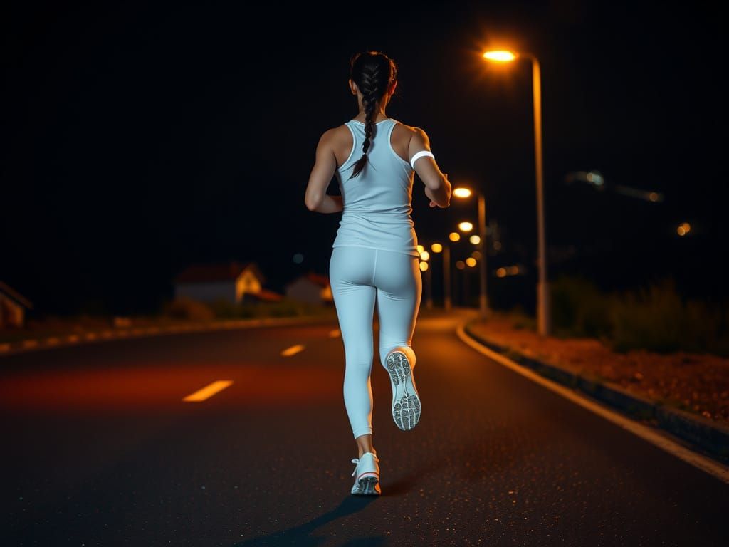 Woman Jogging at Night Under Streetlight, Cinematic Style