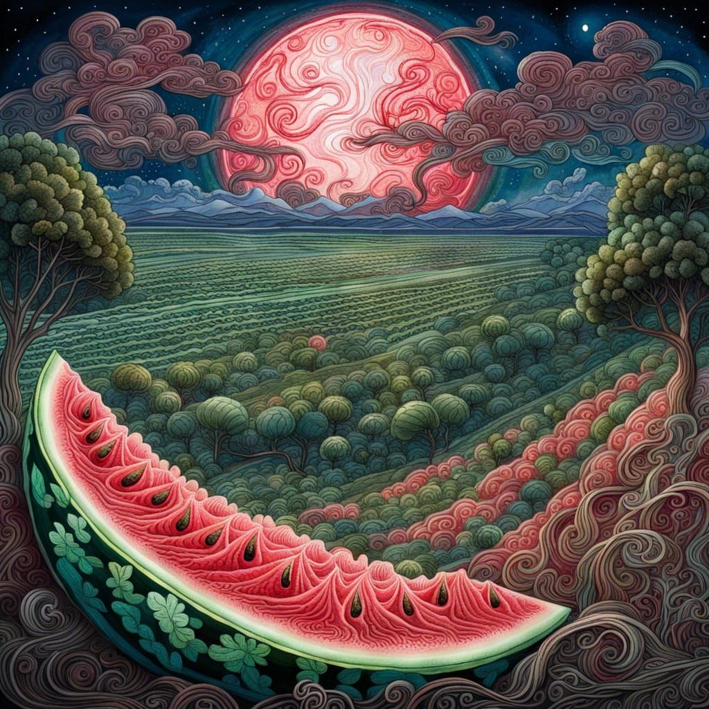 Watermelon Field Lit by Full Moon in Gouache Style