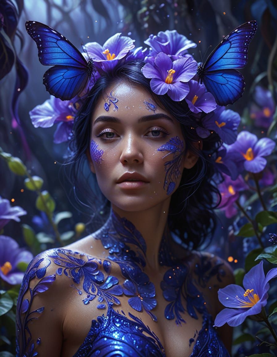 Woman Emerges From Butterfly Pea Flower, Realistic Digital P...
