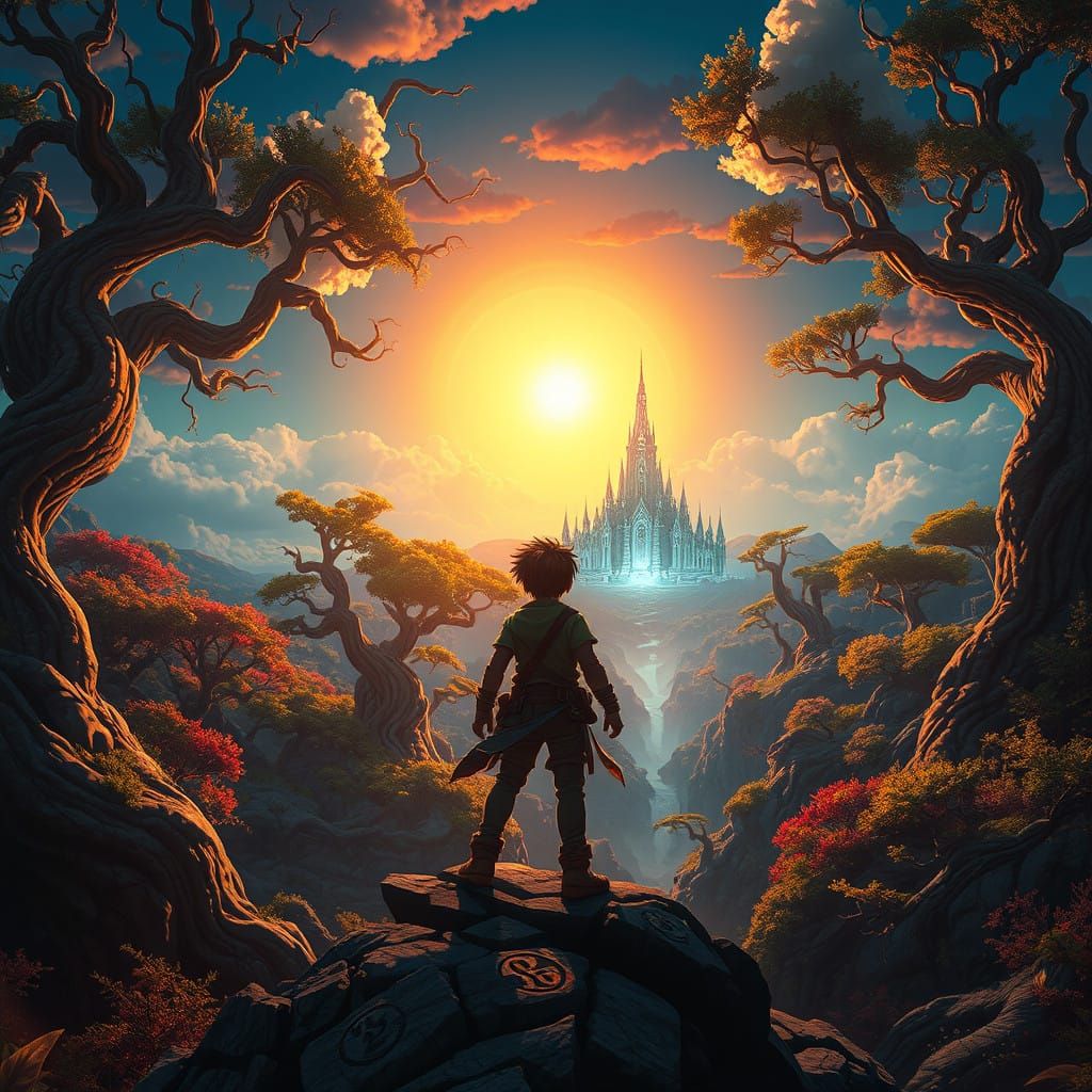 Young Adventurer Stands Heroically at Mystical Realm's Edge