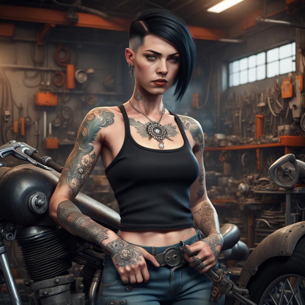 Female Mechanic with Tattoos in Autoshop: Detailed Matte Pai...