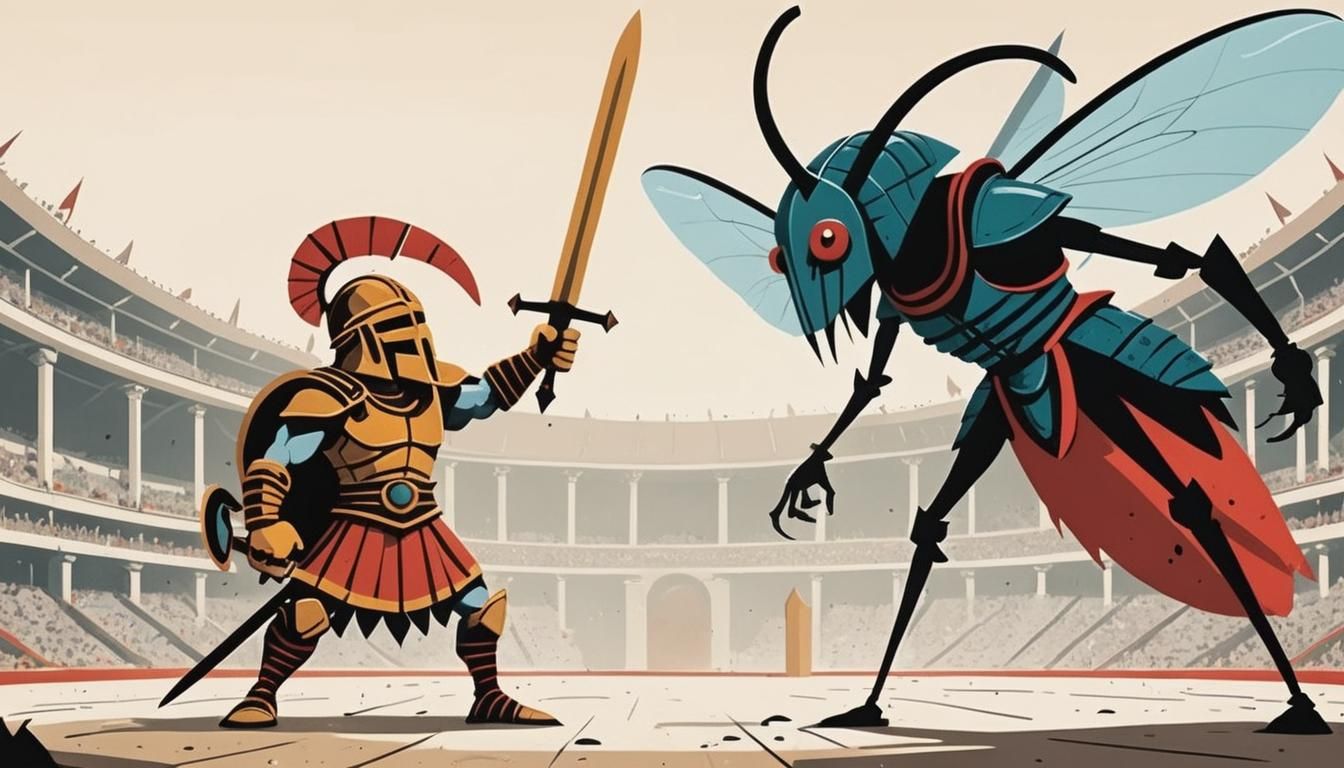 Gladiator Versus Giant Mosquito: Cartoon Ink Poster