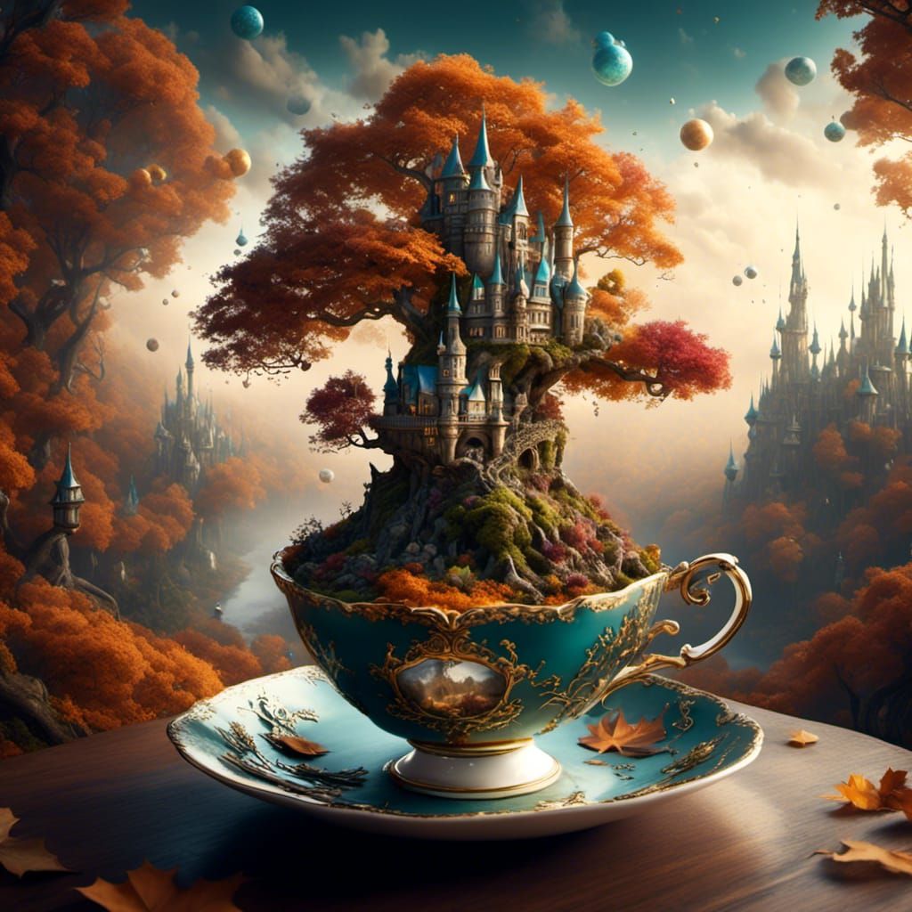 Magical Castle City in Teacup, Ornate Fantasy Scene
