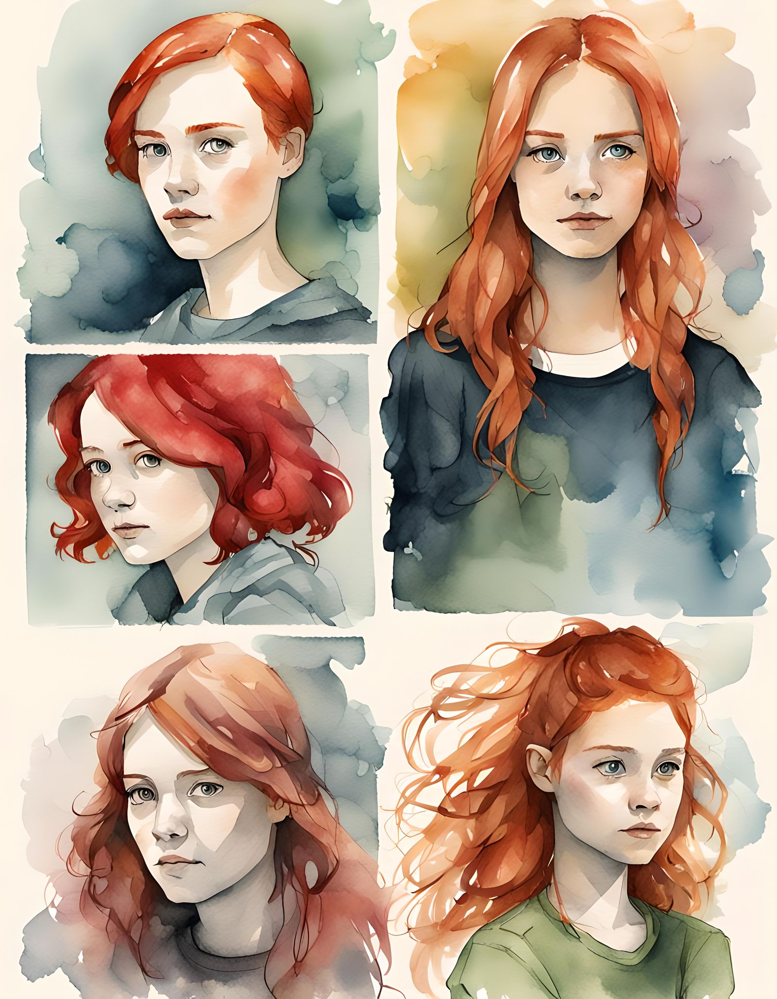 Ink and Watercolor: Two Red-Haired Women