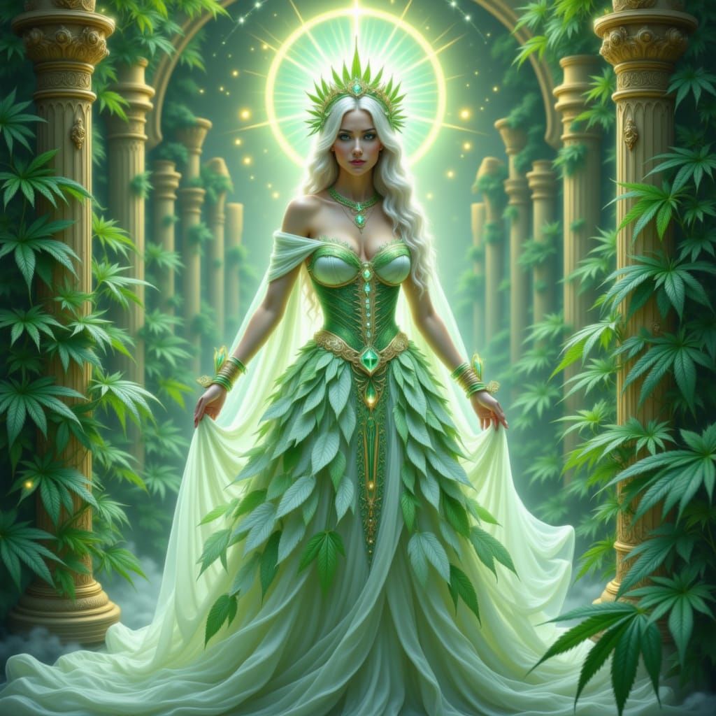 Futuristic Priestess in Cannabis Couture: A Digital Painting