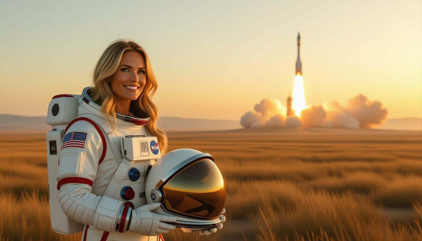 Astronaut on Steppe at Dawn, Starship Launch in Distance