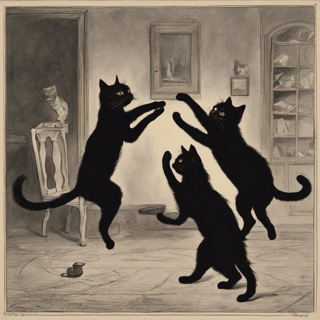 Dancing Black Cats in Art Nouveau Style