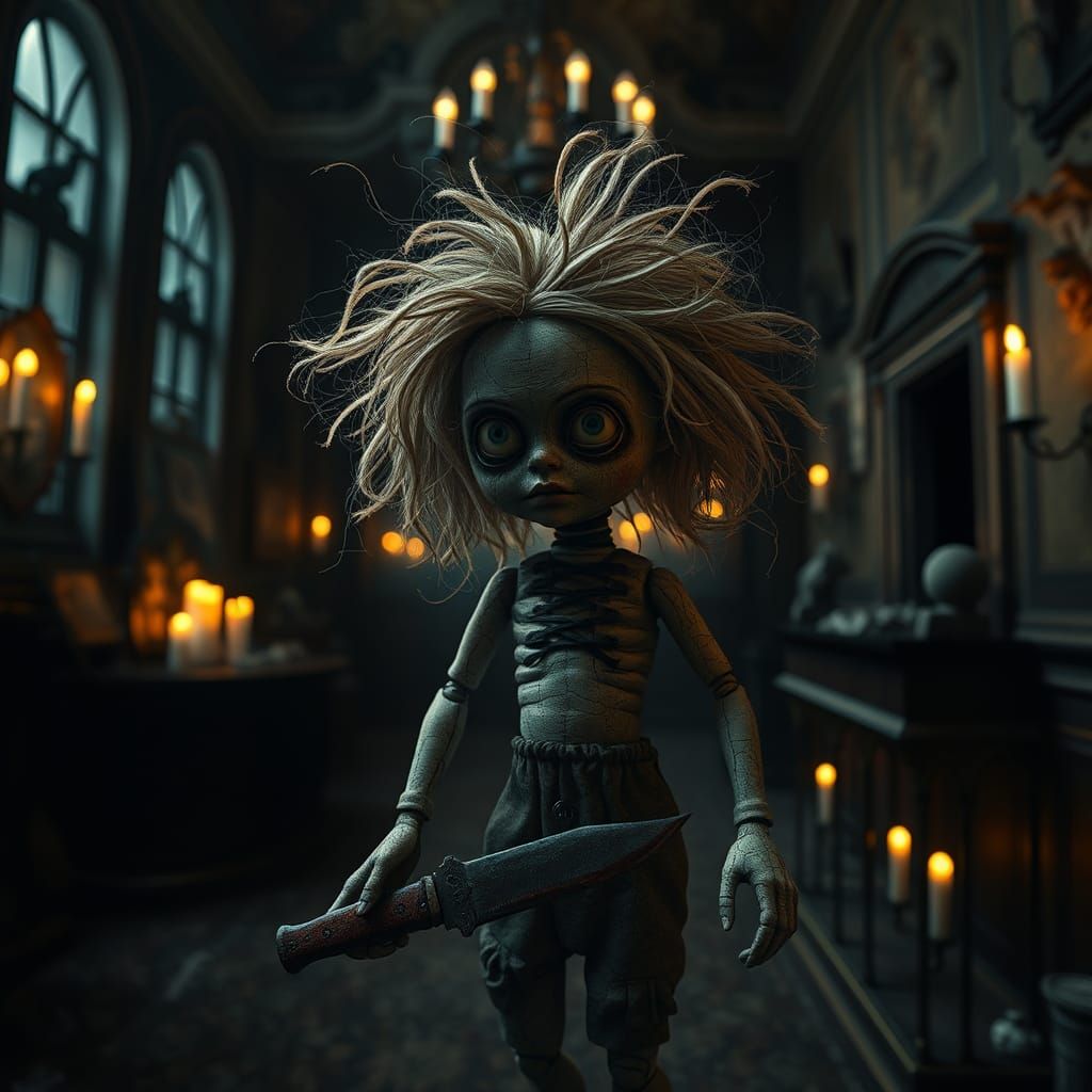 Creepy Doll in Abandoned Mansion Corridor