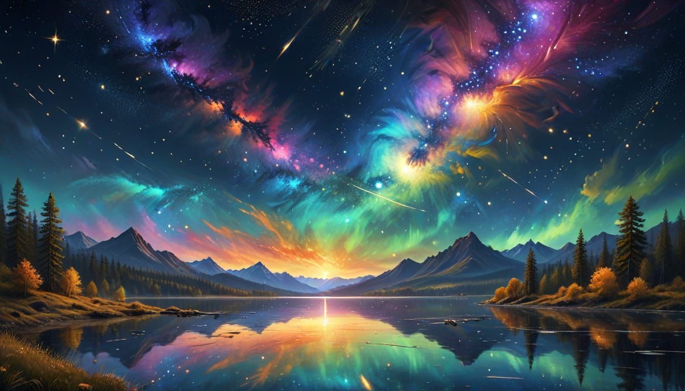 Starry Night Aurora Over Lake: Digital Oil Painting