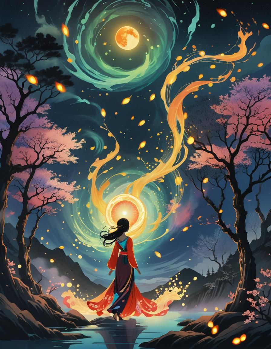 Luminous Solar Plasma Waves with Fireflies, Ukiyo-e Style