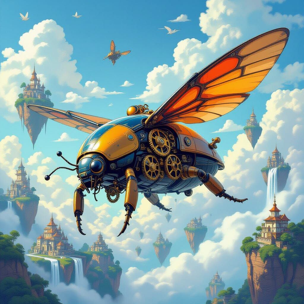 Whimsical Clockwork Beetle Car Soars Through Floating Island...