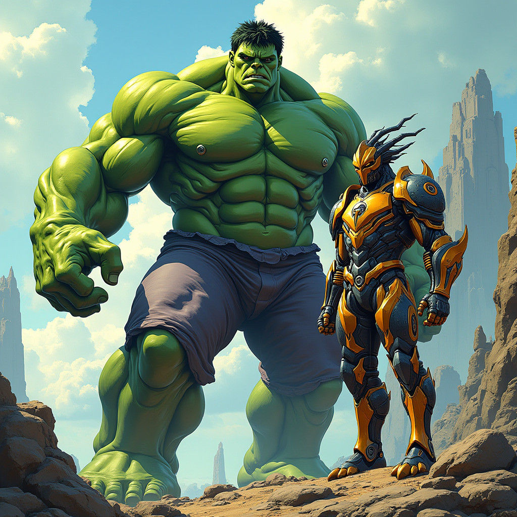 Hulk and Armored Baik in Comic Anime Style