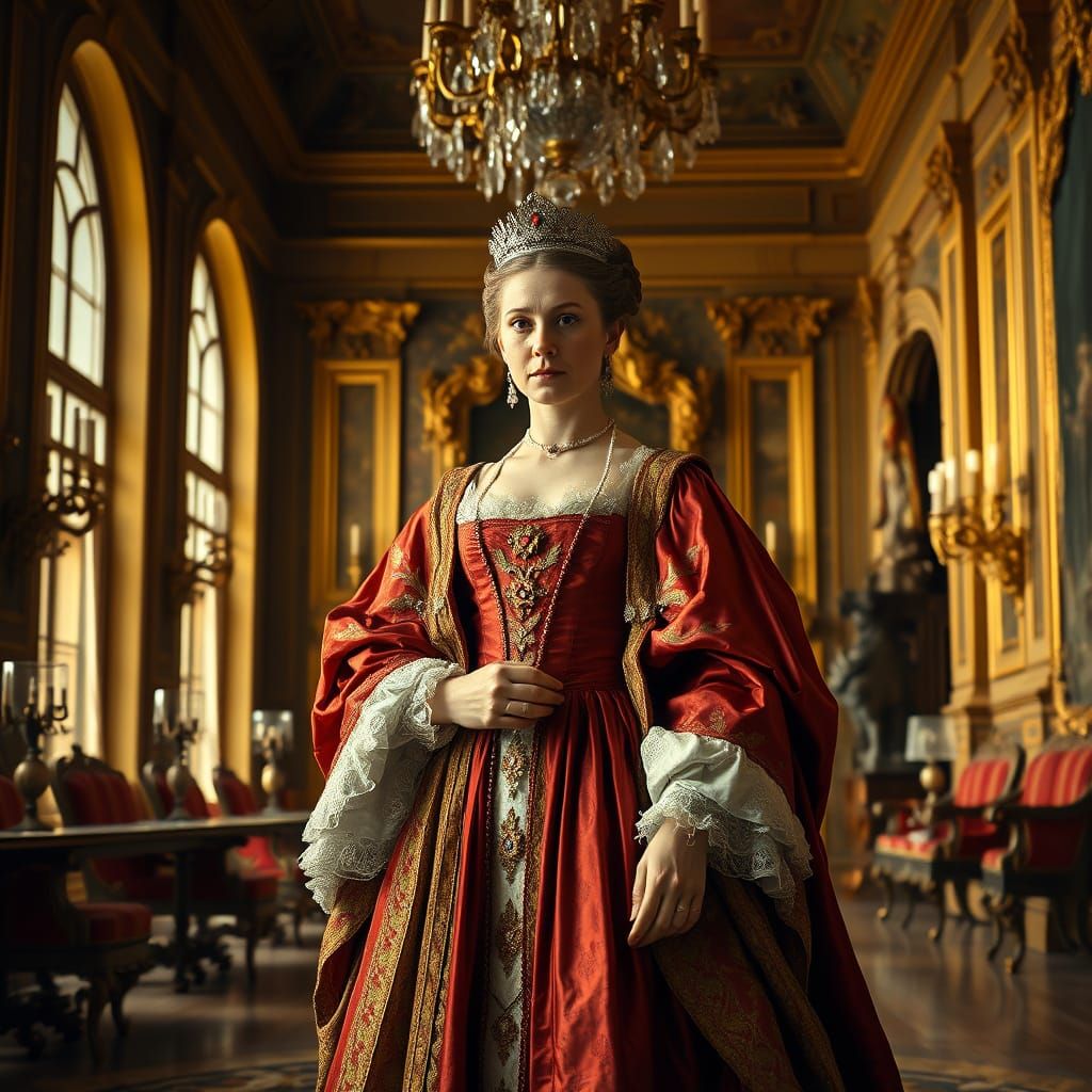 Noblewoman in Ornate Hall, Baroque Style Oil Painting